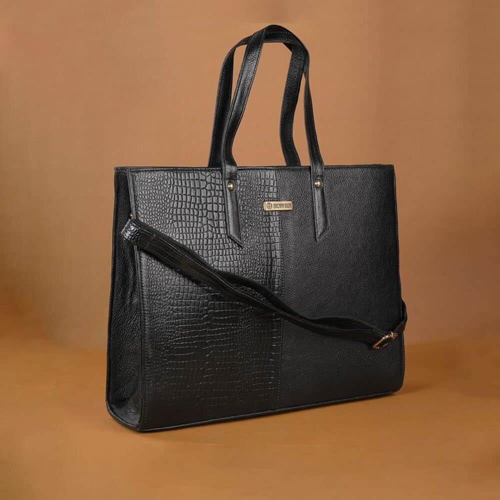 Croc-Texture Black Leather Business Tote